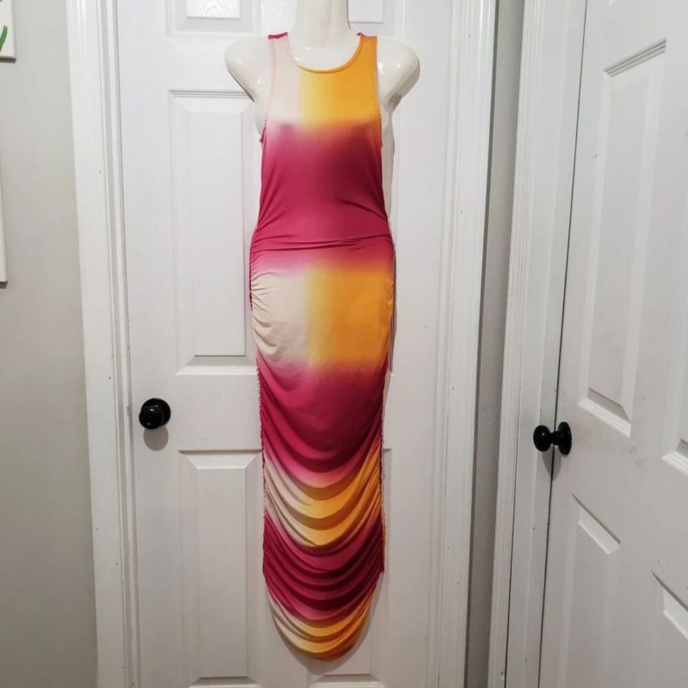 Gibiu |  Pink Yellow Ombre Sleeveless Ruched Maxi Dress | Womens Small